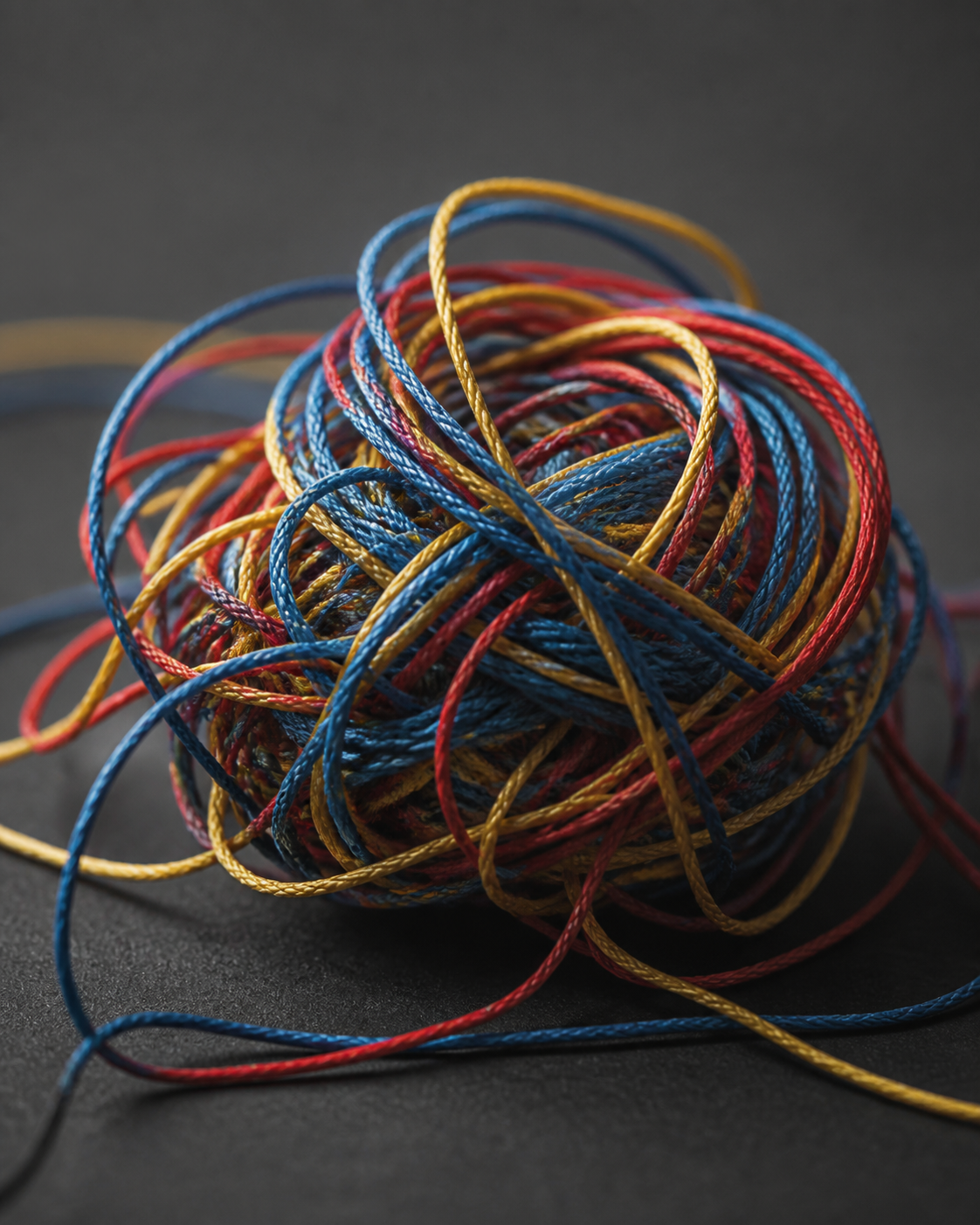 A tangled knot of colorful threads representing complex, invisible code dependencies.