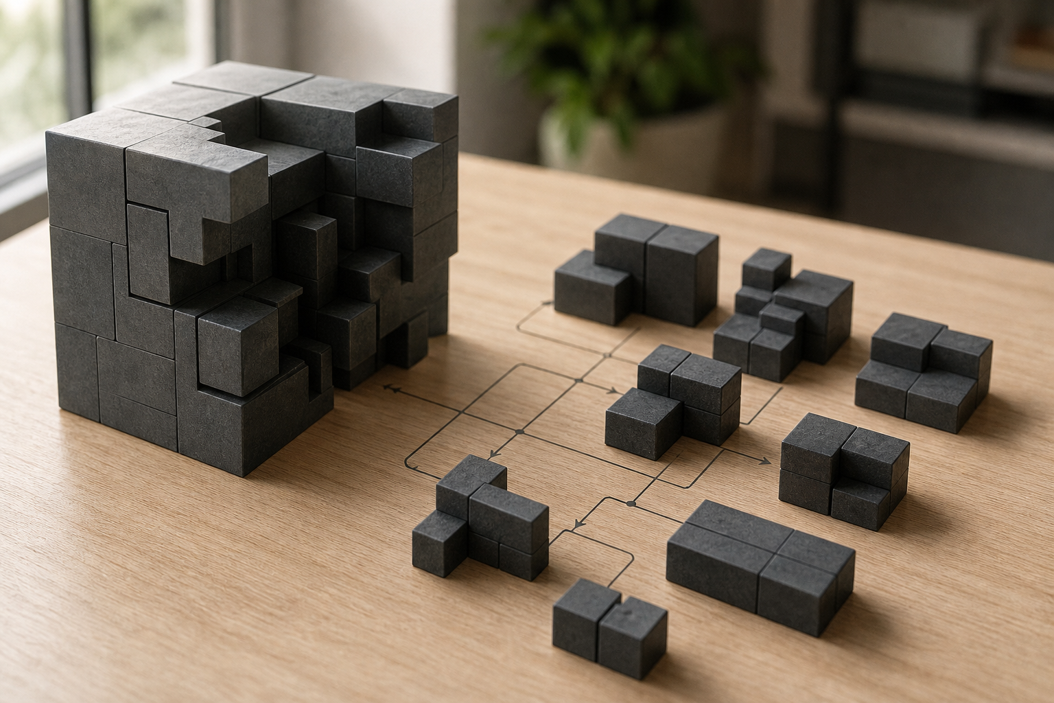 A detailed architectural model being carefully disassembled into modular components on a clean desk