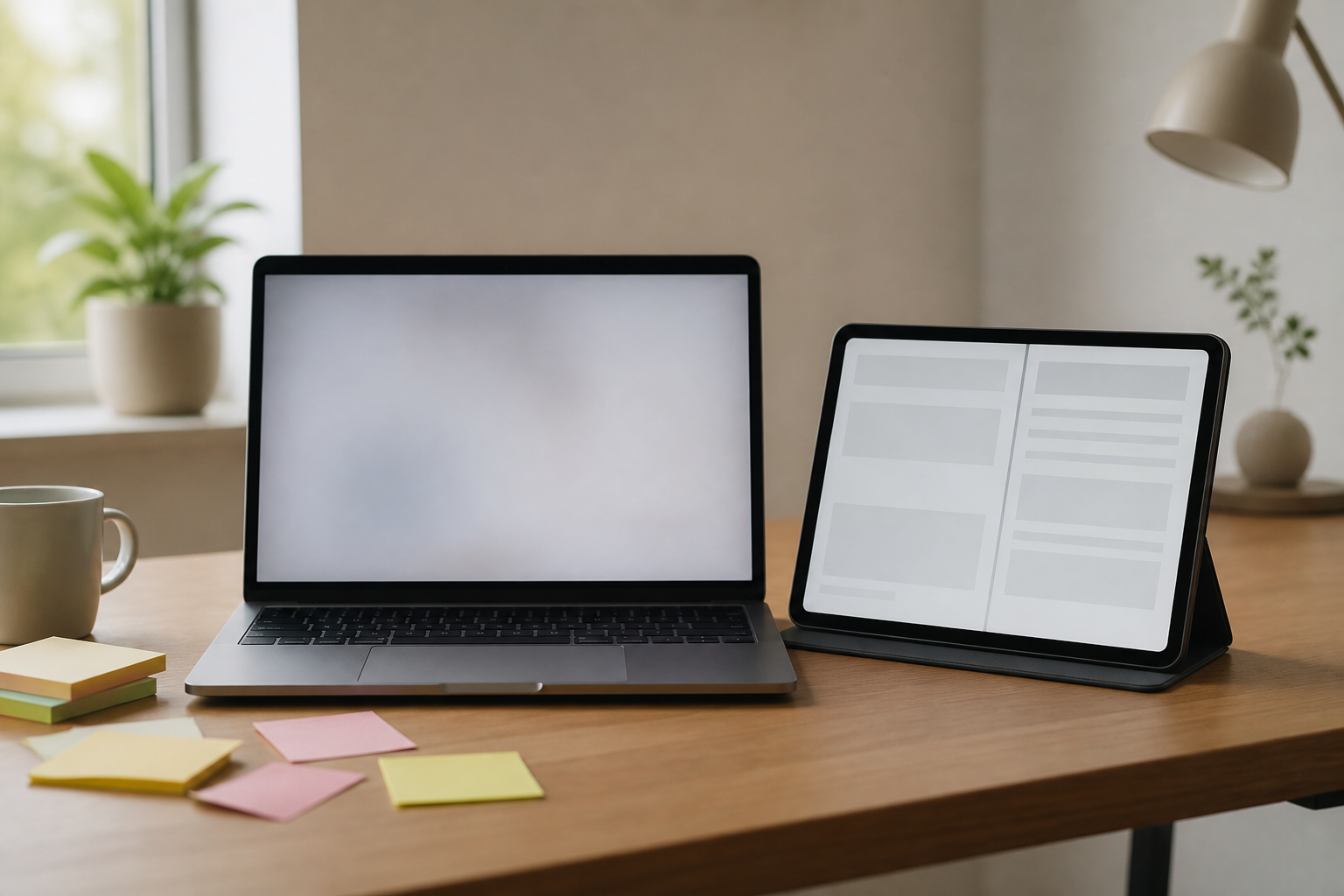A modern developer's desk with two devices, one for quick changes and one for structured review, illustrating AI tool workflows.