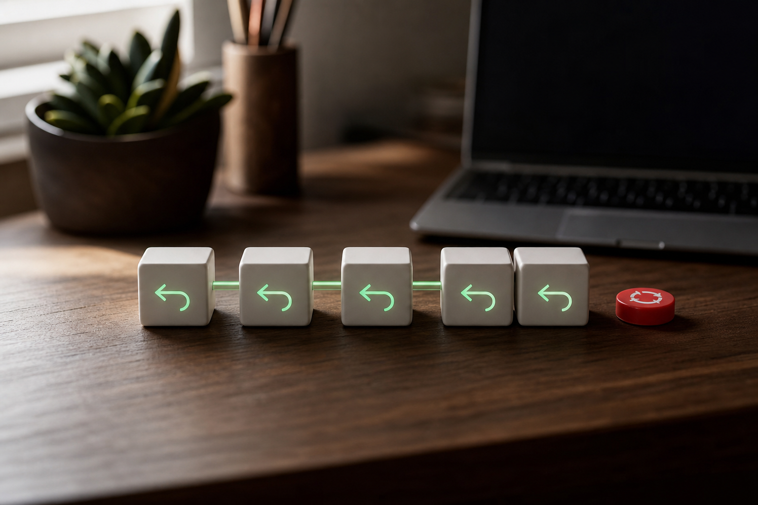 A series of small building blocks placed one at a time on a workbench, each with an undo arrow