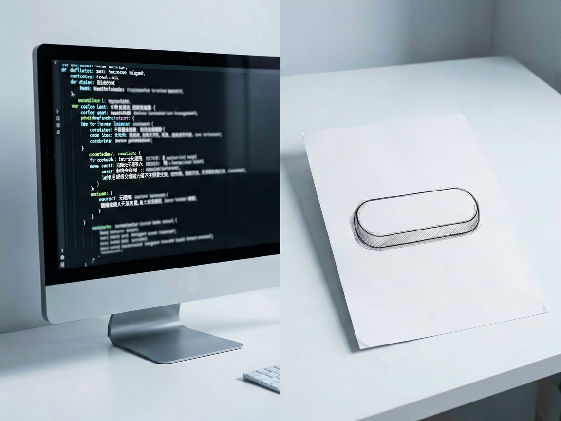 A minimalist workspace showing a computer monitor displaying abstract code lines next to a physical sketch of a UI button on paper.