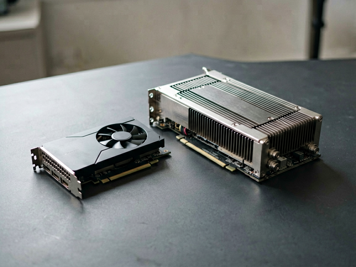 A conceptual editorial image showing a small consumer graphics card next to a larger, robust server module, highlighting the disparity in scale and capability.