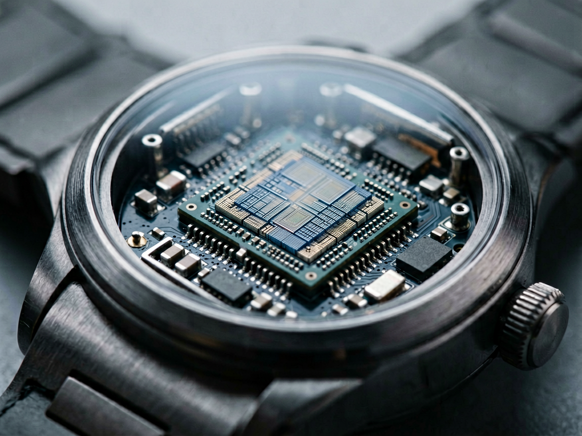A macro shot of a highly detailed, miniature mechanical gear assembly inside a sleek smartwatch casing, symbolizing efficient edge computing.