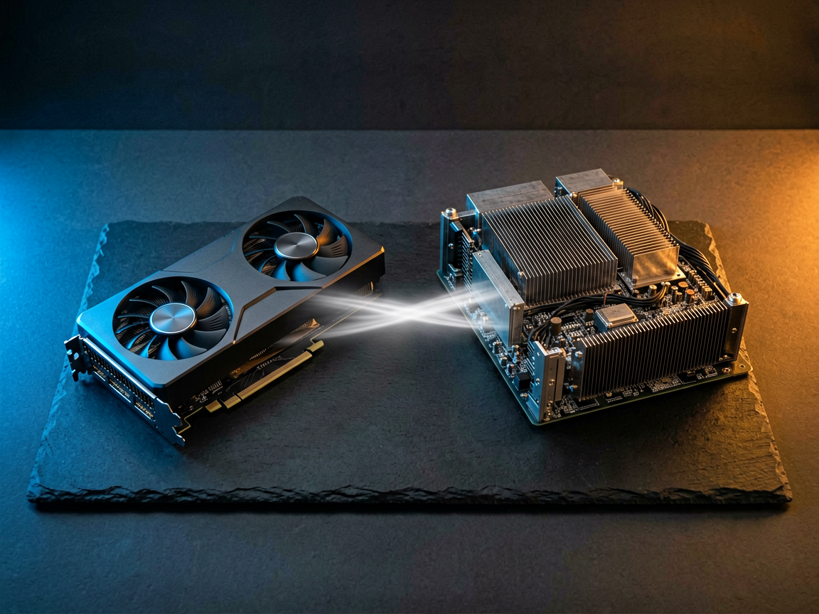 A conceptual split composition showing consumer graphics cards on one side and enterprise server modules on the other, balanced by a central abstract representa