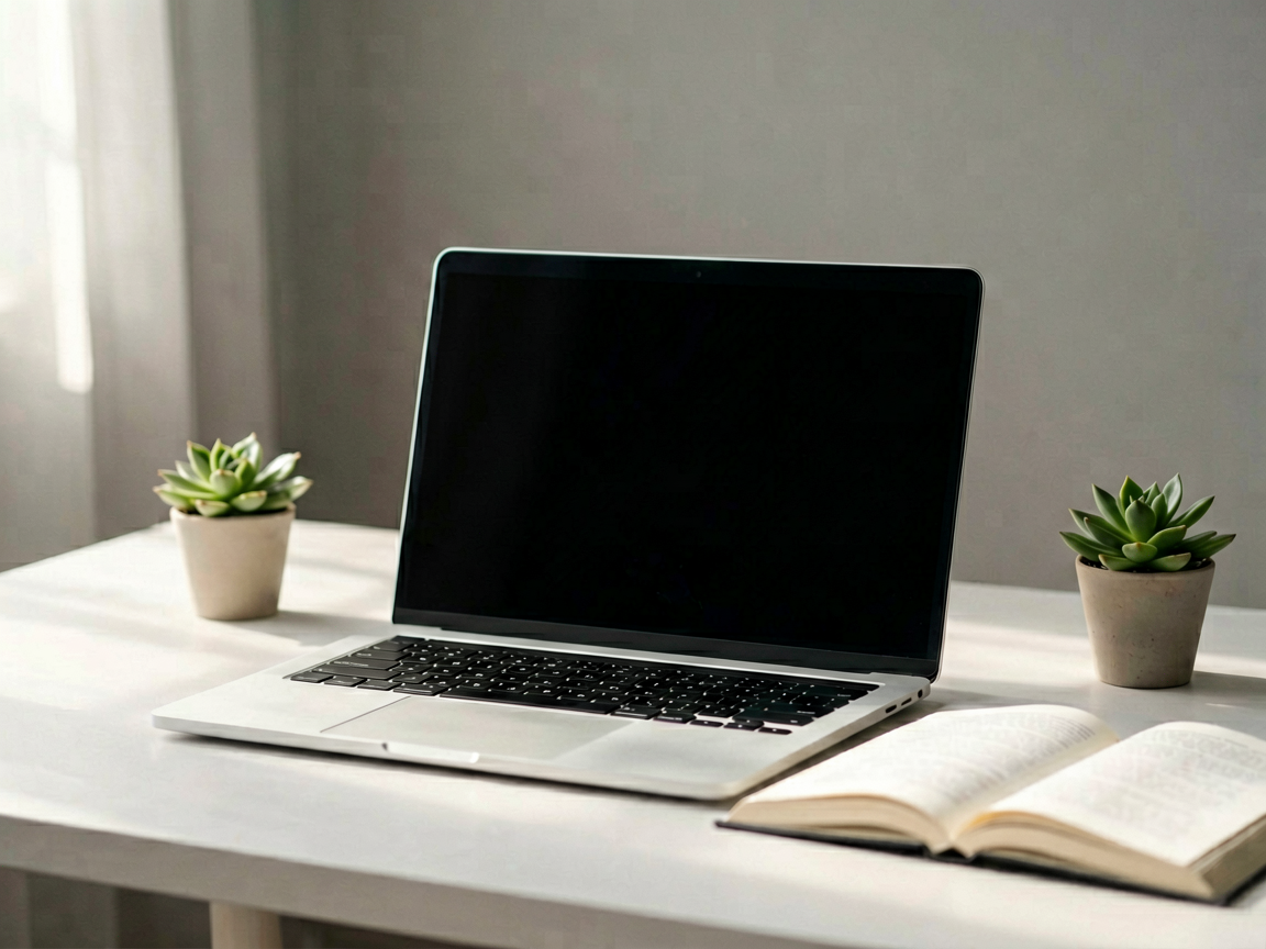 A minimalist desk setup showing a laptop connected to an open book, symbolizing the hybrid strategy of using cloud services and local open-source models.