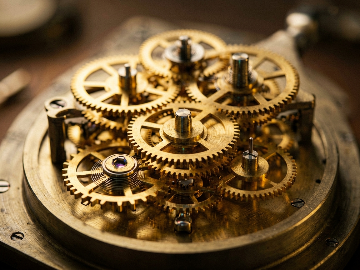 A complex mechanical clockwork mechanism with golden gears, illuminated by warm dramatic lighting, symbolizing slow, expensive precision.