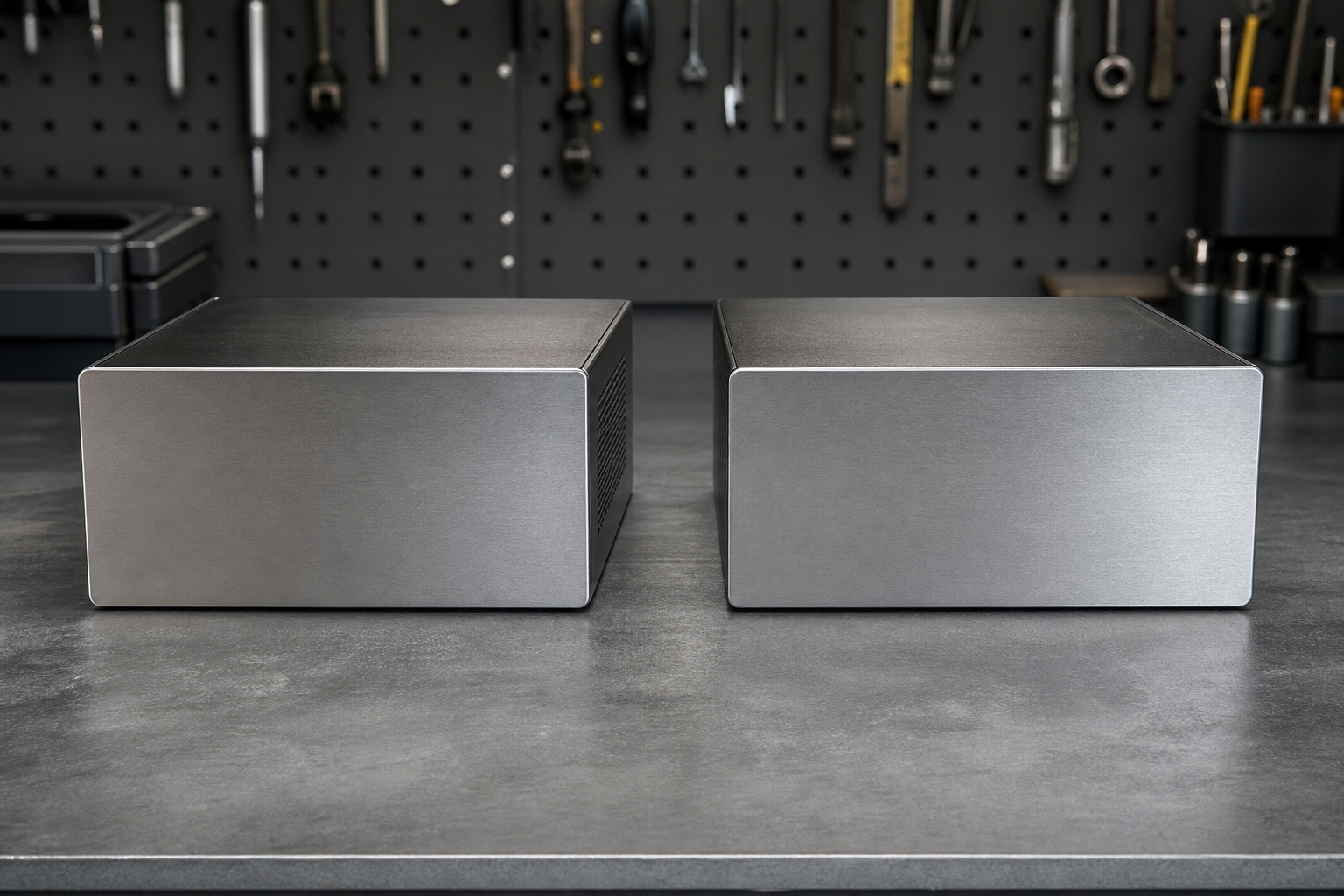 Two unlabeled, identical-looking metal boxes on a workbench, one with a measuring tape and a checklist, symbolizing the need to verify model specifications befo