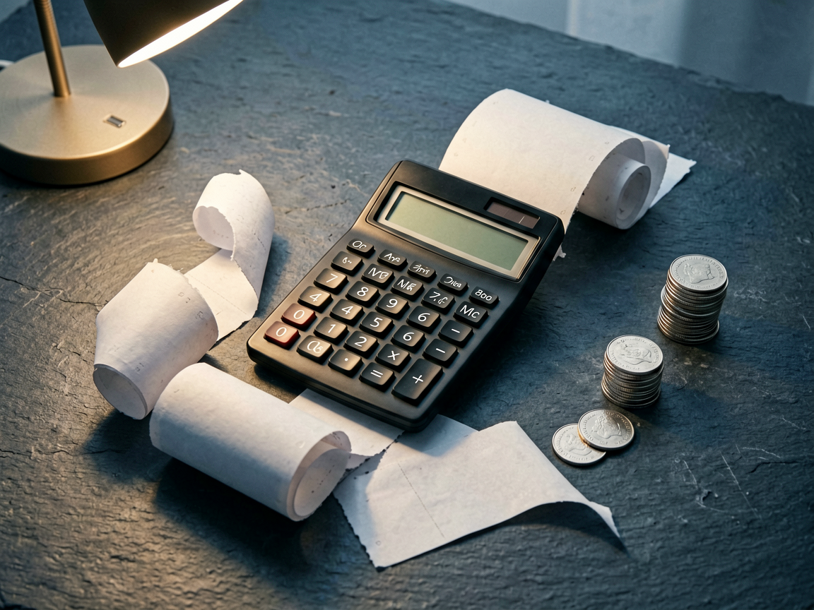 An editorial still life of a receipt emerging from a calculator, symbolizing API cost analysis.