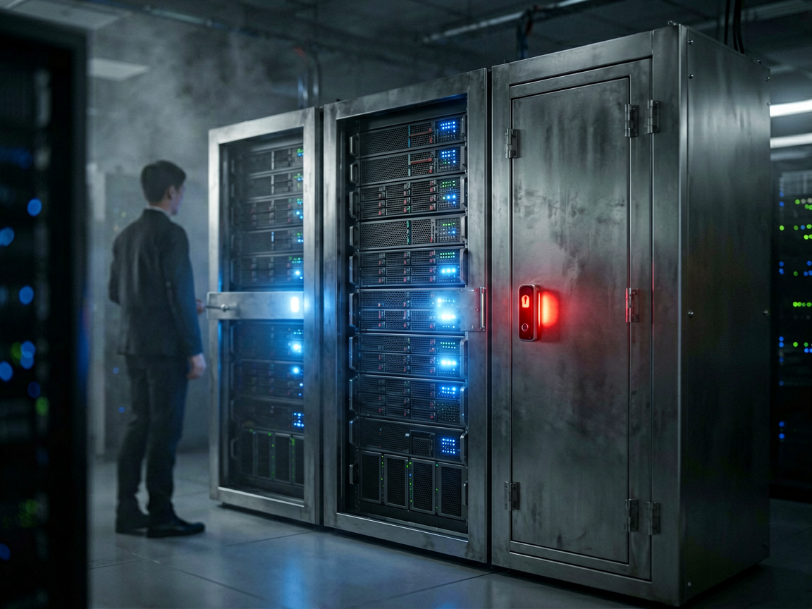 Editorial still life of a server rack divided by locked metal barriers, with glowing data compartments restricted by access levels.
