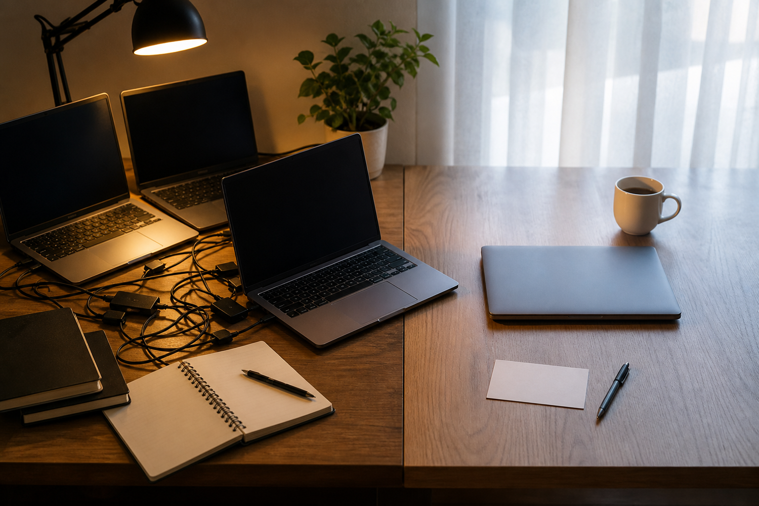 Editorial still life of two workstations side by side: one with complex multi-file code structure and data, the other with simple single-page tasks, warm direct