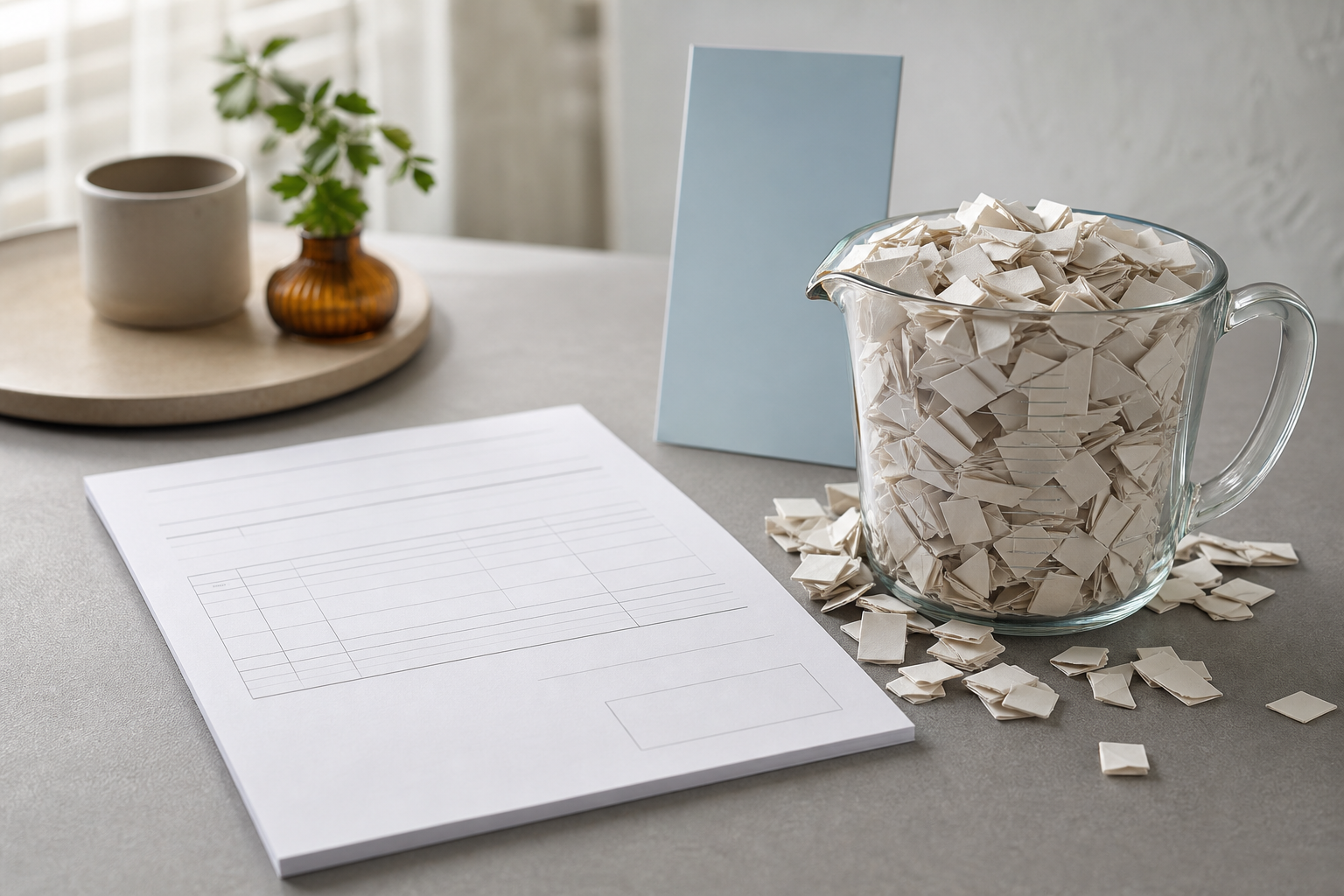 A receipt and a measuring cup on a desk beside a glowing model card, suggesting hidden token costs.