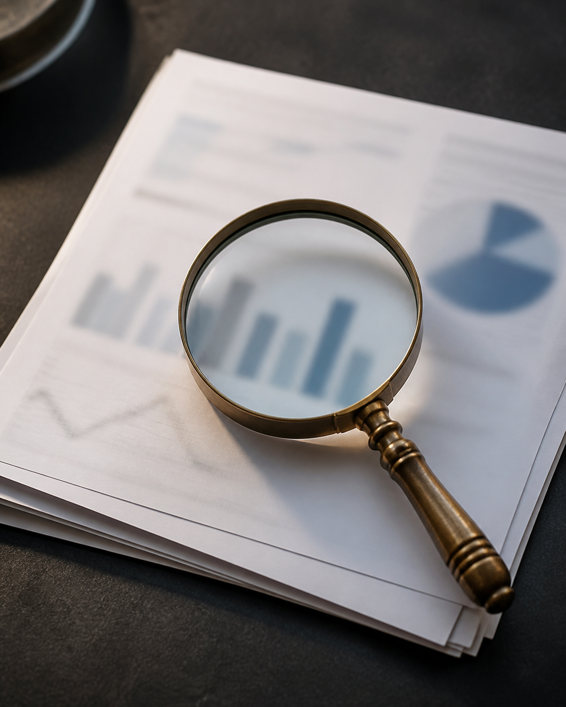 A minimalist editorial still life showing a magnifying glass inspecting a complex, fading gradient chart on a clean desk, symbolizing the scrutiny of unverified