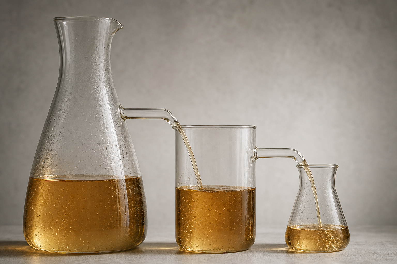 Three glass vessels of different sizes on a workbench, with liquid being poured from the largest into the two smaller ones along branching channels.