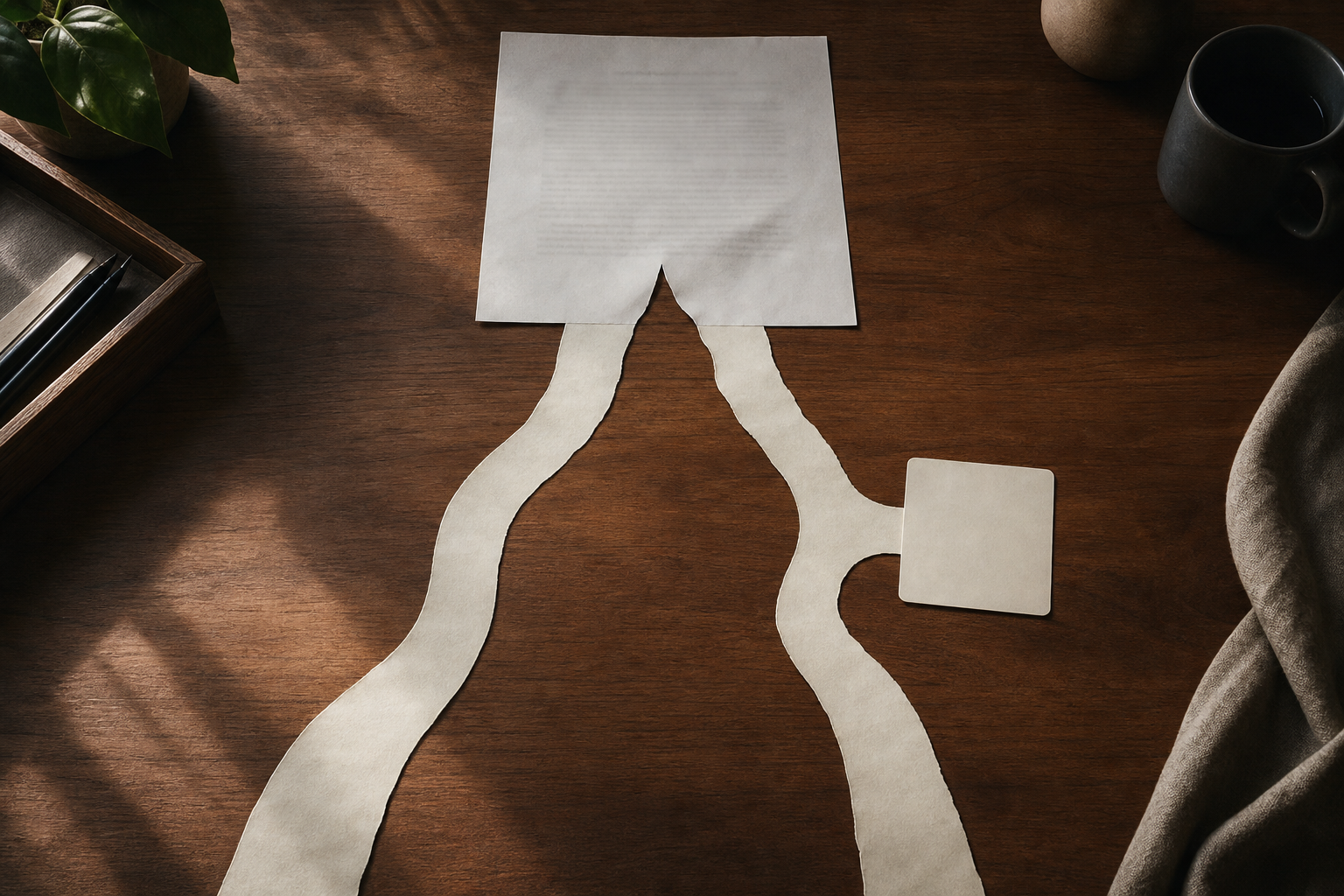 Two branching paths of thought on a desk, one smooth and linear, one pausing at a crossroads.