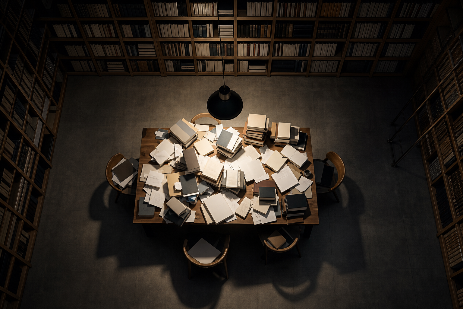 A messy table in a vast library representing information overload and task drift.