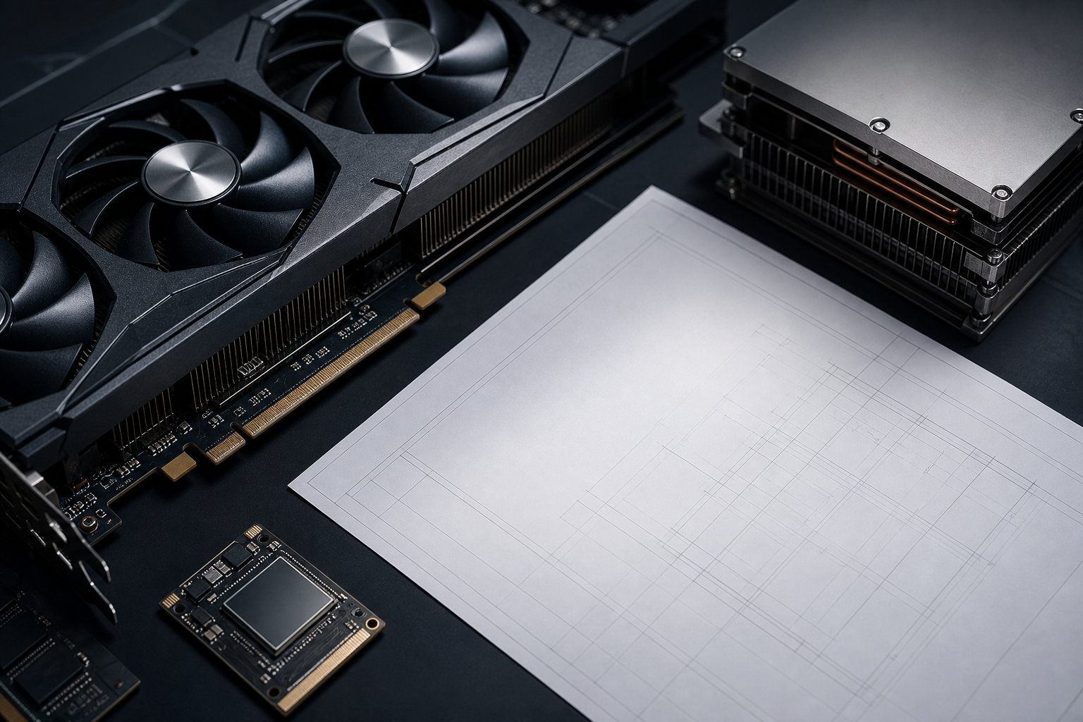 A professional editorial shot of high-end GPU components and a blank blueprint on a dark technical surface.