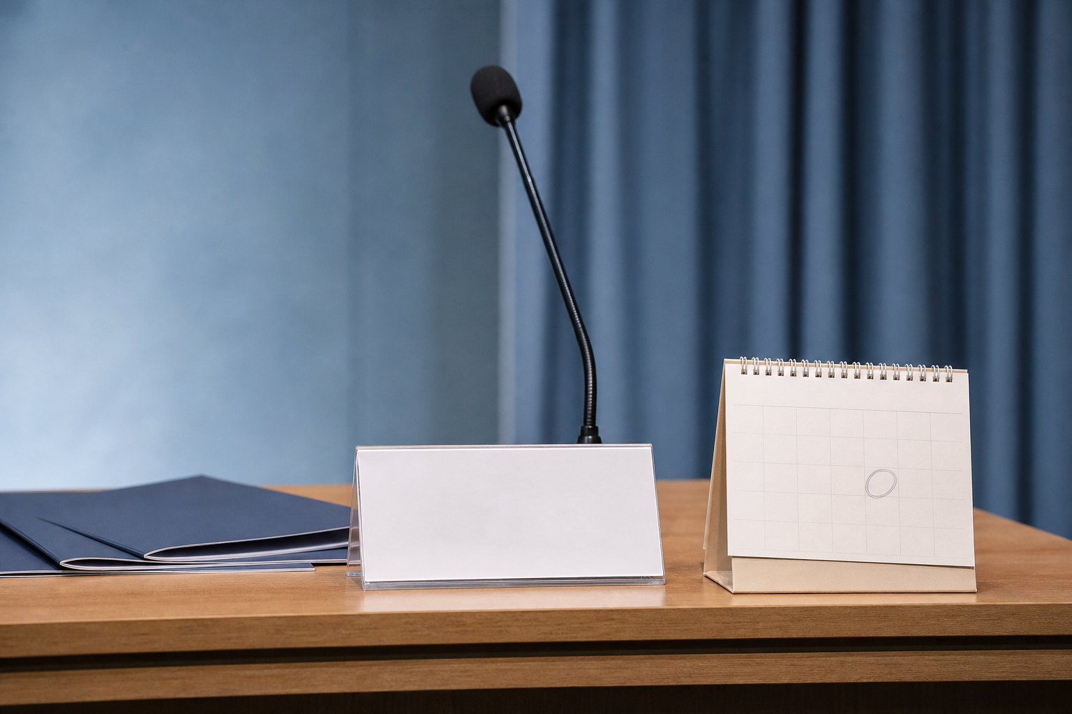 An empty product launch stage with a single blank placard and a calendar page turned to June 26.