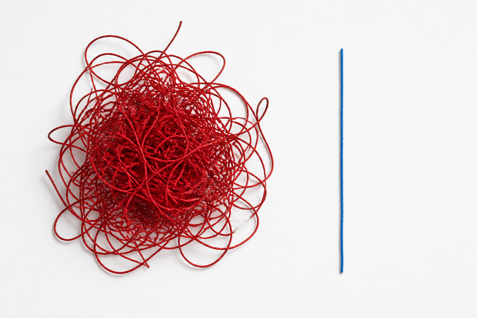 A complex, tangled knot of red strings on a clean desk, contrasting with a simple straight line nearby, symbolizing the unnecessary complexity of Graph RAG.
