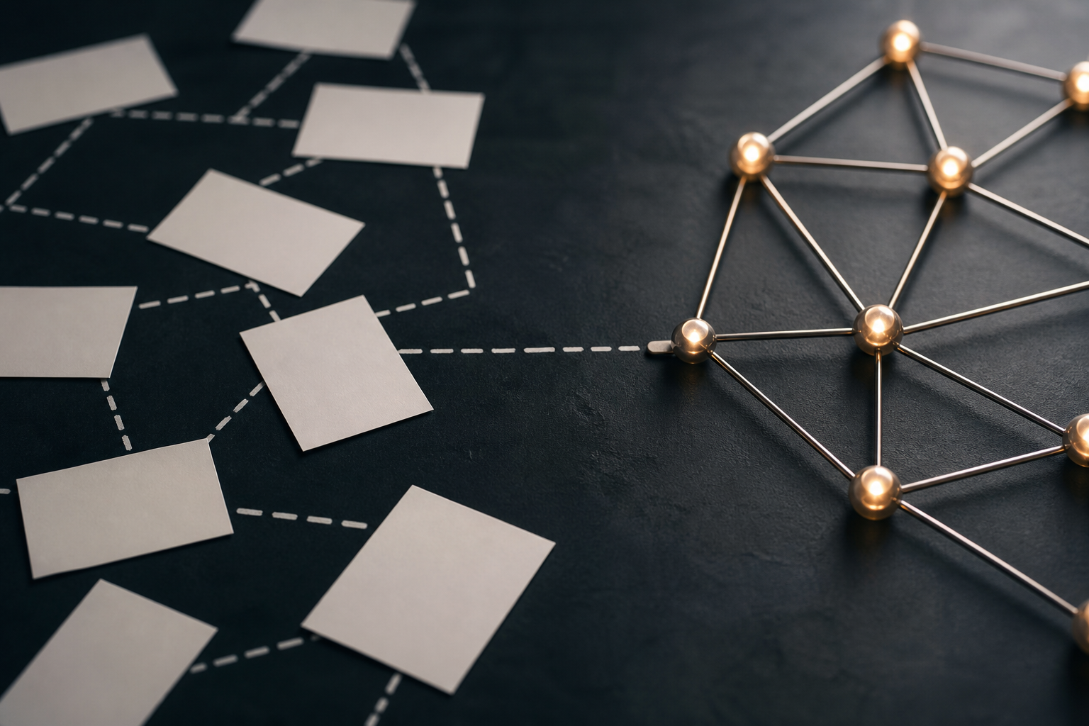 Editorial still life of two intersecting search paths: a grid of scattered document cards and a clean network of connected nodes on a desk.