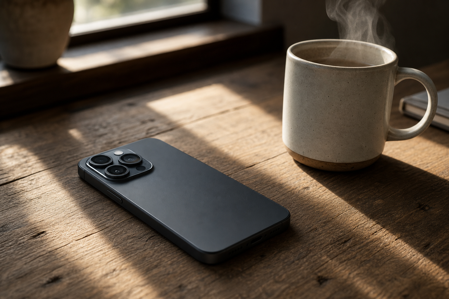 A sleek smartphone resting on a desk next to a warm cup of coffee, symbolizing the slow pace of daily life despite advanced tech.