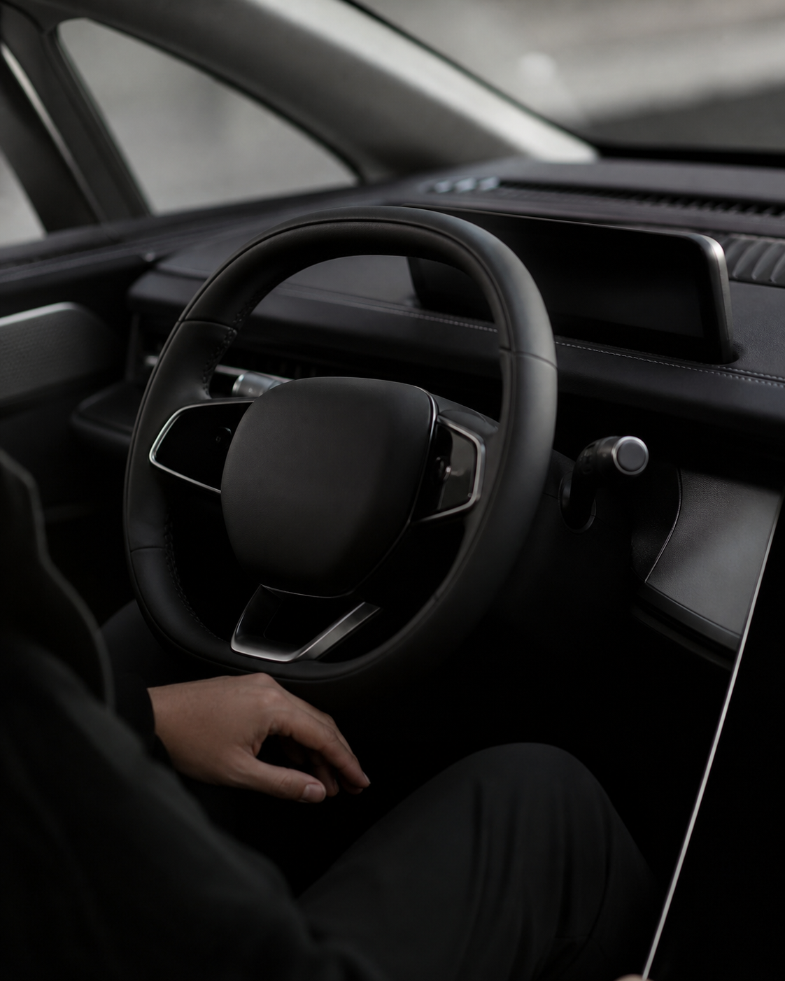 A symbolic editorial image showing a hand reaching out to touch a sleek, modern car dashboard, representing the transfer of control and liability.