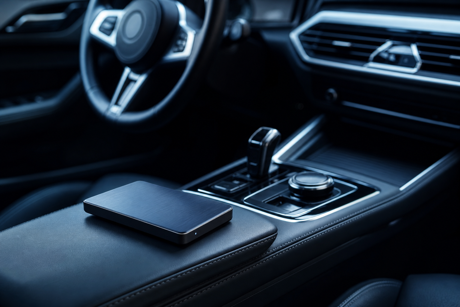 A close-up editorial shot of a modern car's dashboard with a detached, high-tech data module resting on the steering wheel, symbolizing the transfer of control 