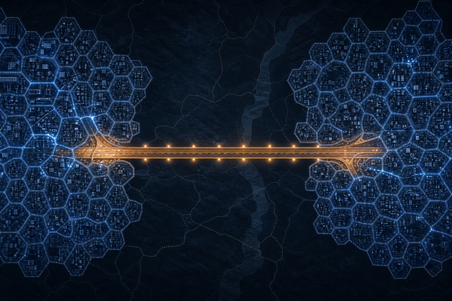 Abstract editorial image of a layered road network connecting two city grids via a highway corridor