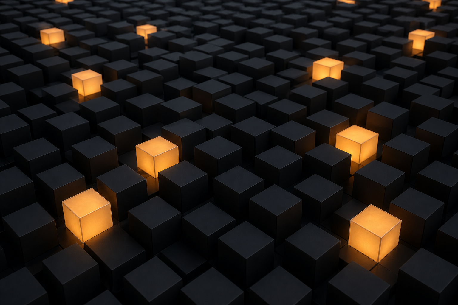 A vast grid of matte grey cubes with a few selectively glowing amber cubes.