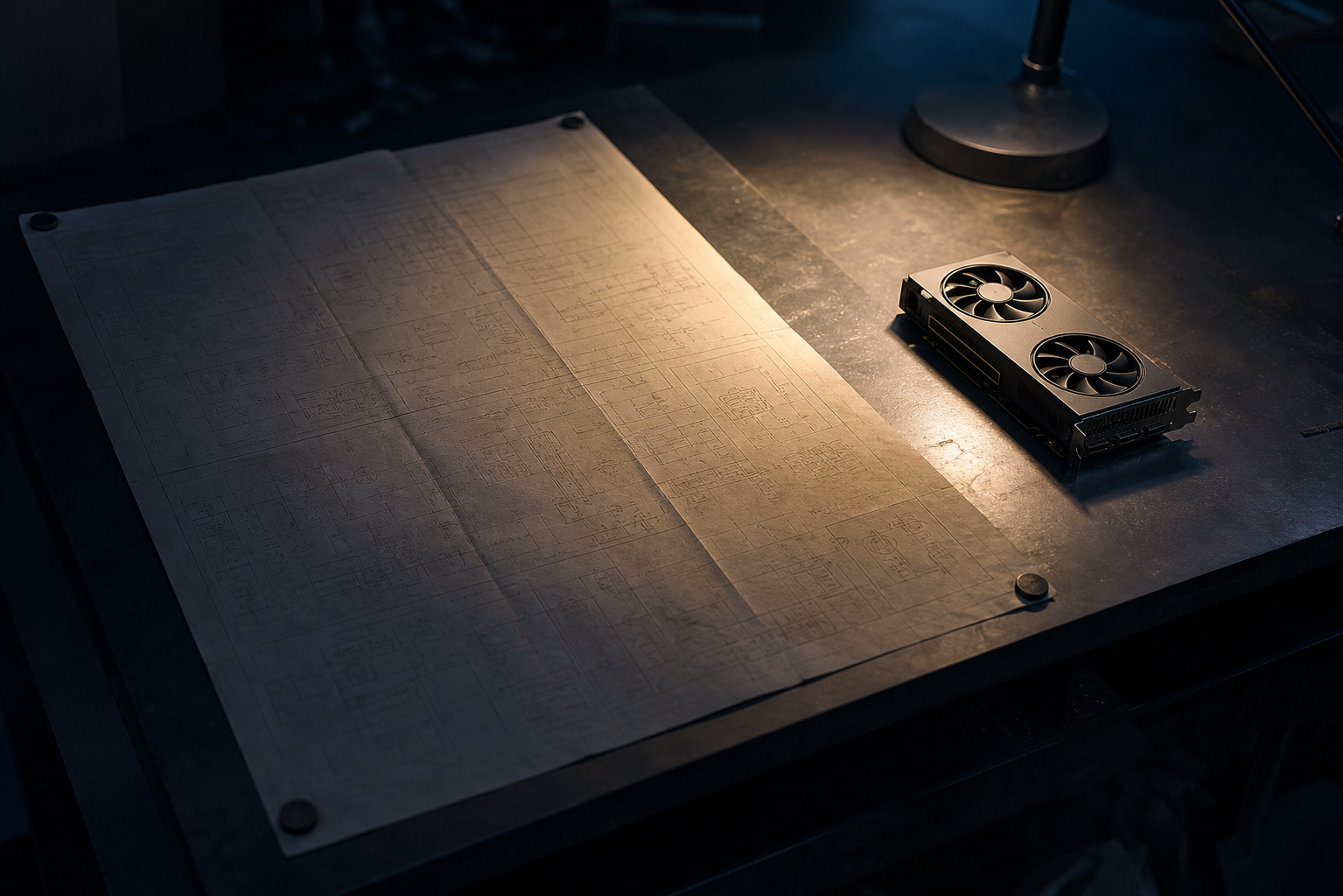 Editorial still life of consumer GPU beside an oversized blueprint block, symbolizing the gap between model parameters and real-world deployment capacity.