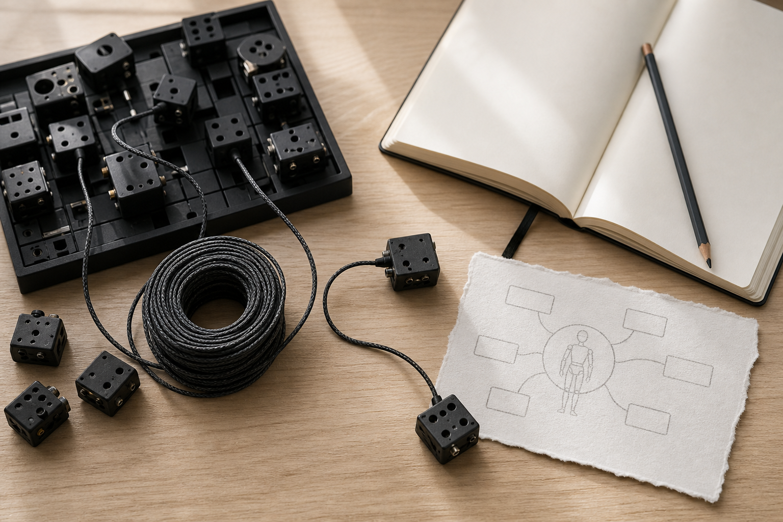 Open-source toolkit components connected by a single wire on a workbench