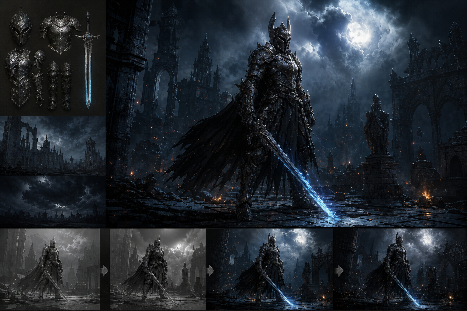 A dark fantasy warrior in detailed armor stands in a ruined courtyard, holding a glowing sword under moonlight, with cinematic lighting and particle effects.