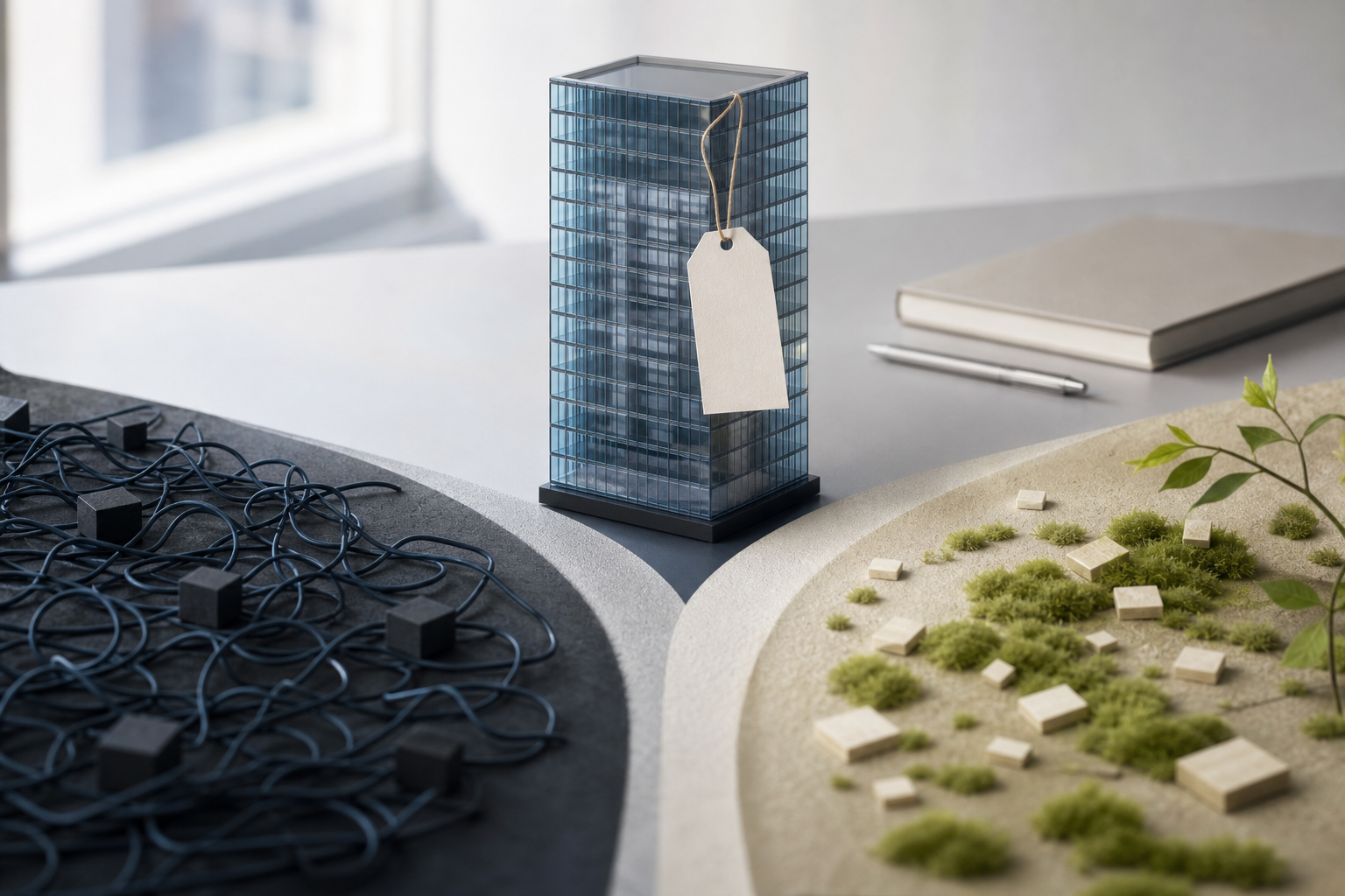 Editorial still life of a glass office tower model with a small question-mark tag, symbolizing enterprise readiness versus unverified open-source claims.
