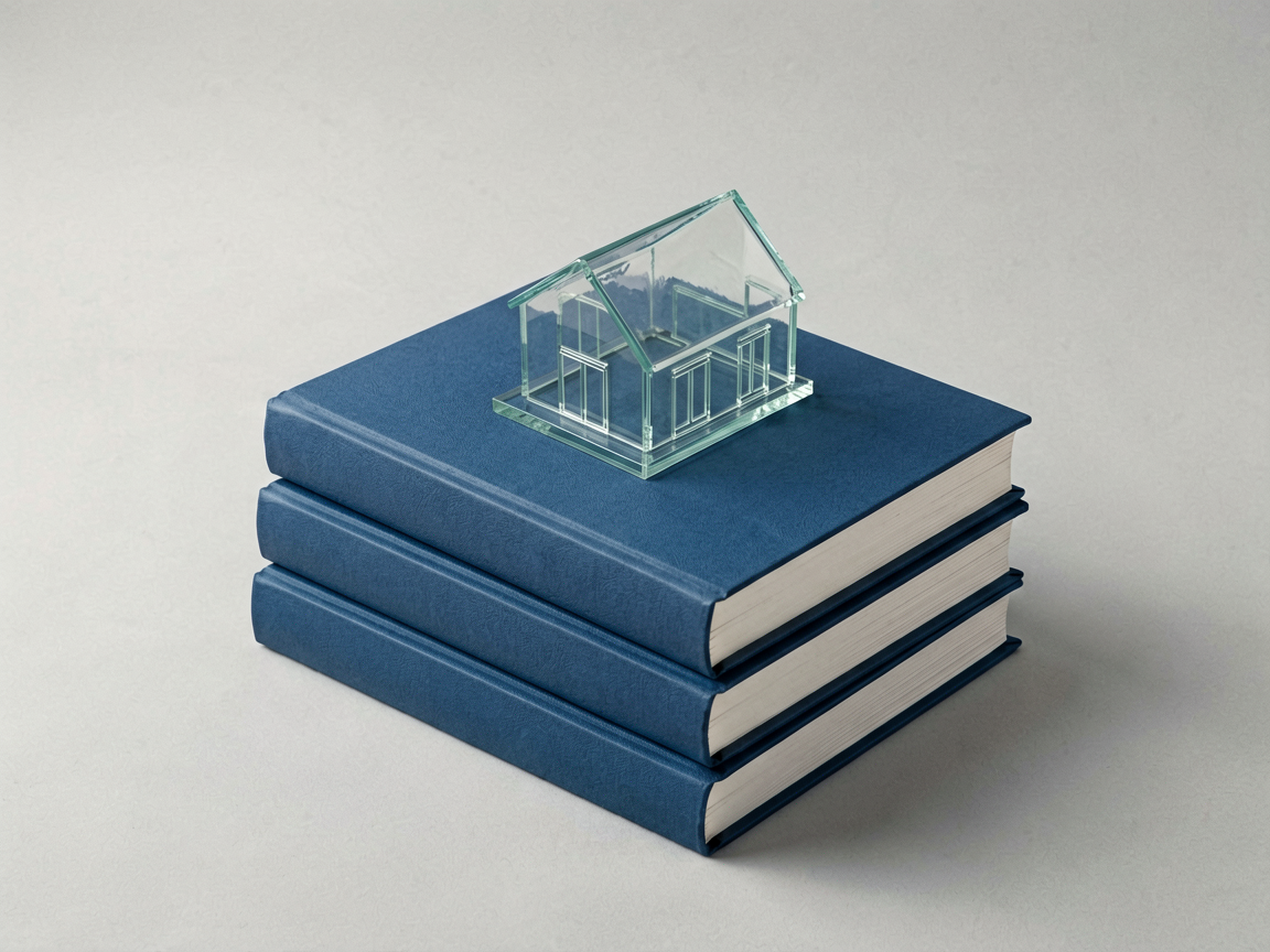A minimalist editorial still life showing a small, fragile glass model house balanced precariously on a stack of heavy, thick legal textbooks, symbolizing the h