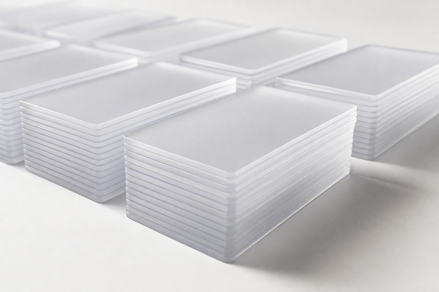 A clean, organized stack of transparent data cards representing structured information, set against a minimalist background.