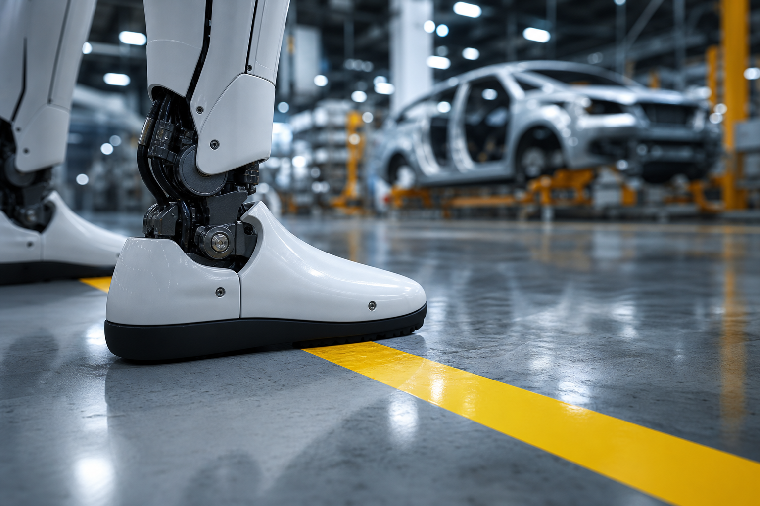 A humanoid robot stopping at a yellow safety line in a modern car factory.