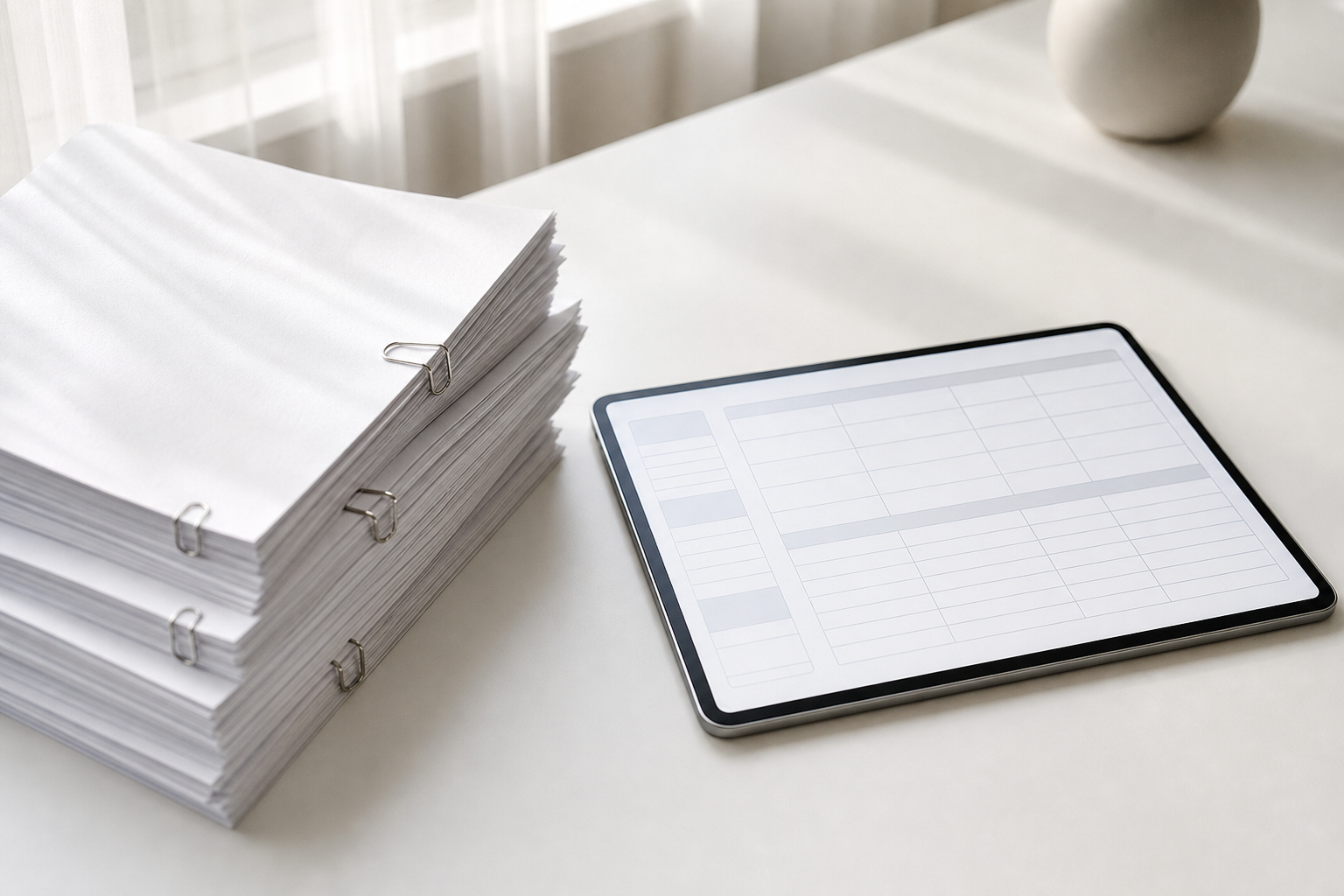 A minimalist desk with legal papers and a tablet showing a structured data layout.