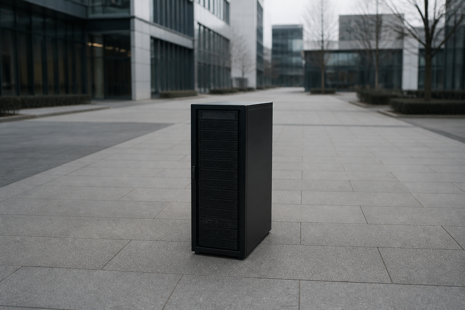 A large, empty server rack standing in an industrial park courtyard with no connected cables or active lights, symbolizing unused capacity.