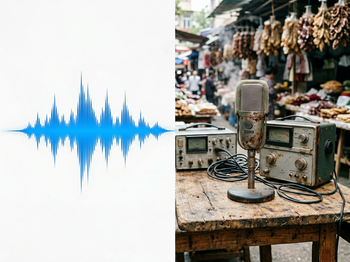 A split composition showing a clean digital waveform contrasted with a chaotic, analog field recording setup in a noisy market.