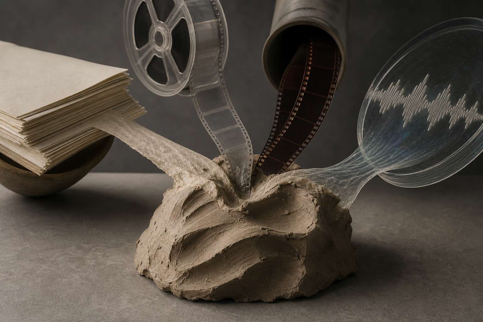 Editorial still life suggesting four modalities merging before reaching the model.