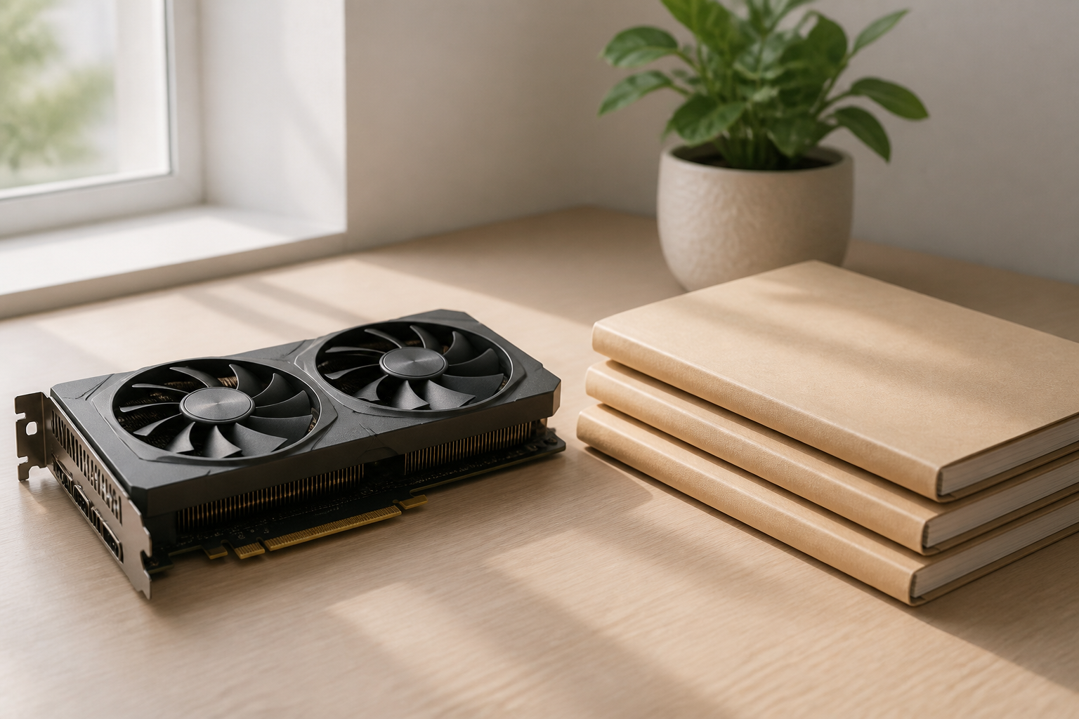 A single consumer graphics card on a clean desk beside organized folders of customer service data, symbolizing small-scale AI model fine-tuning within hardware 