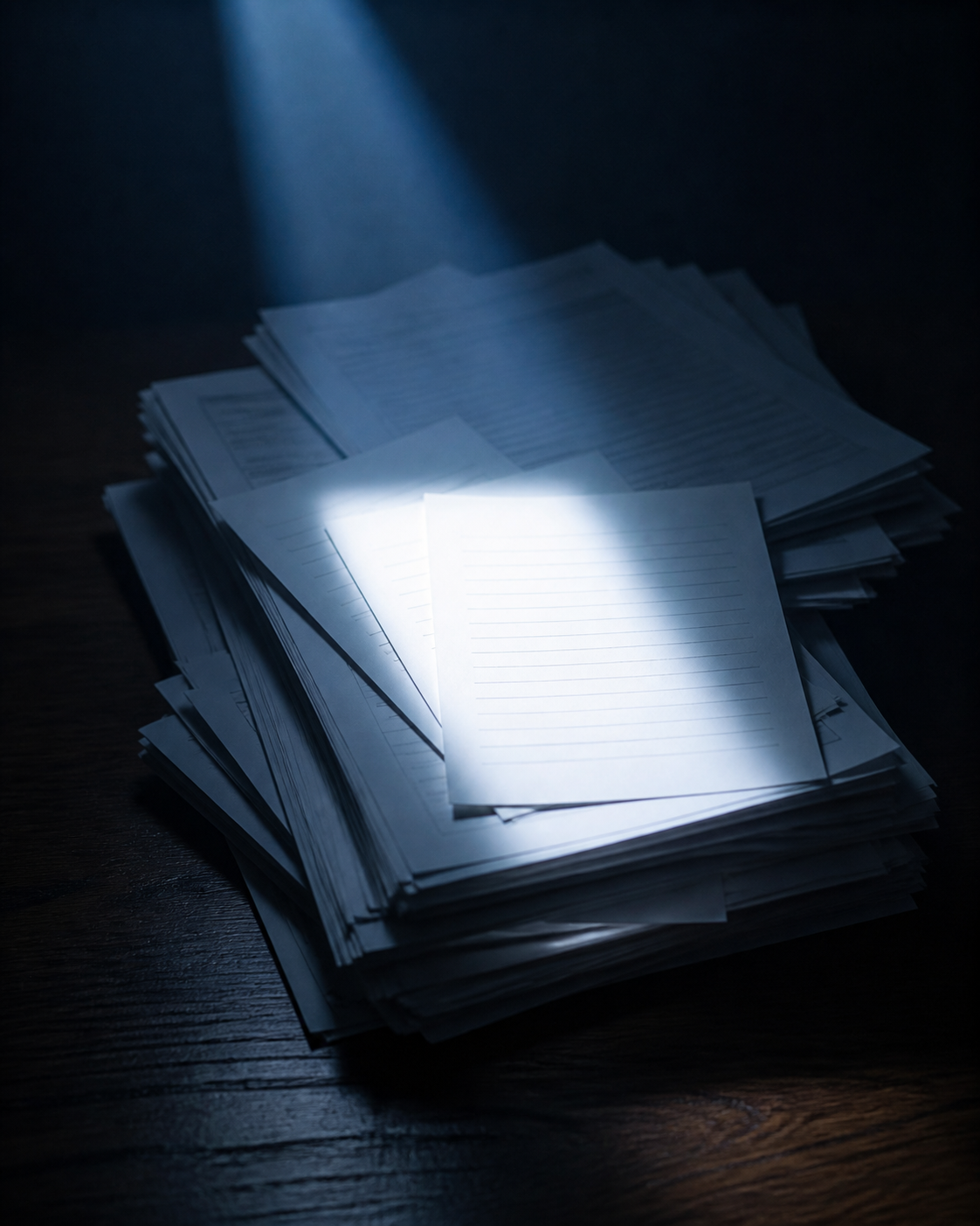 A precise beam of light filtering through a dense stack of documents