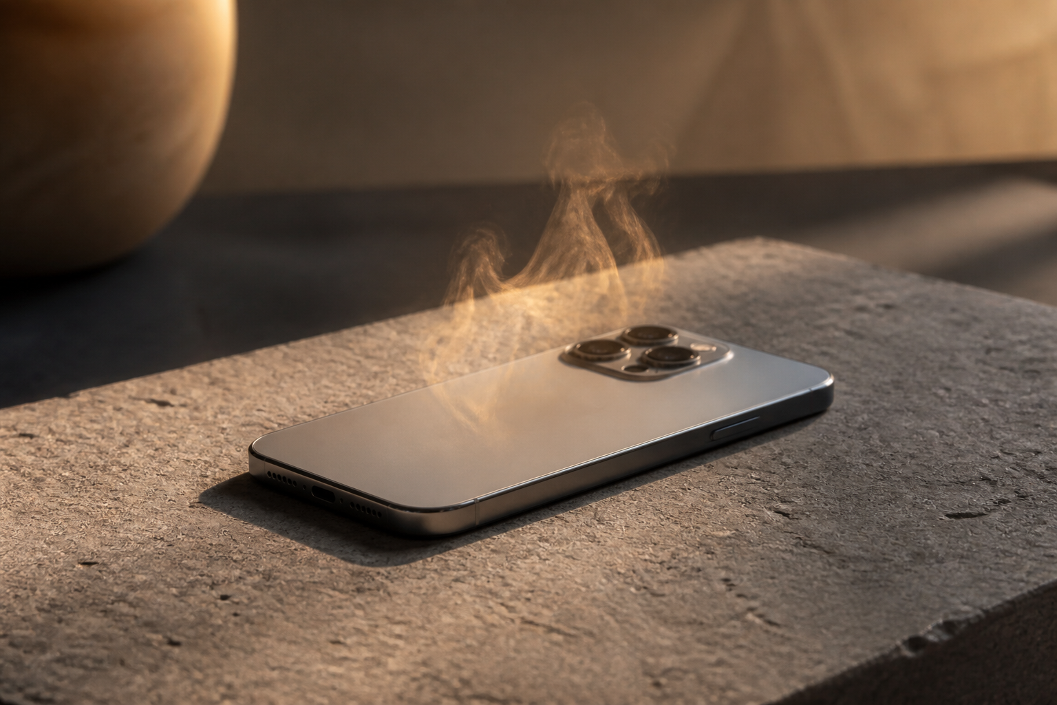 A smartphone resting on a surface with subtle heat haze distortion, symbolizing thermal limits.