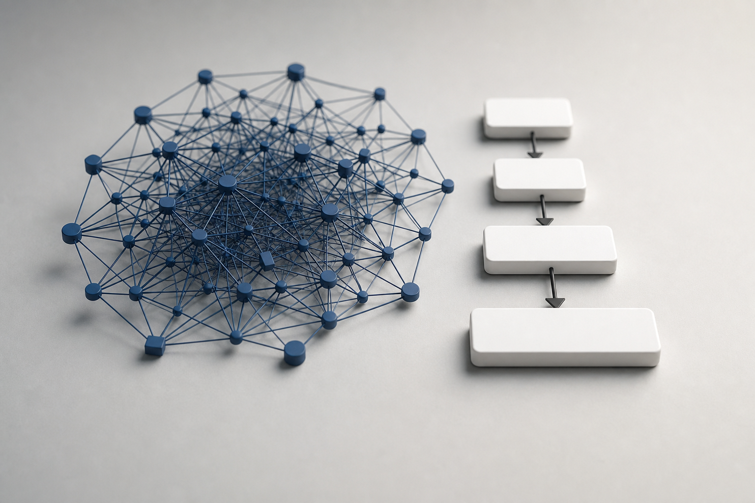 A conceptual still life comparing a complex network of nodes and lines with a simpler, linear flowchart.