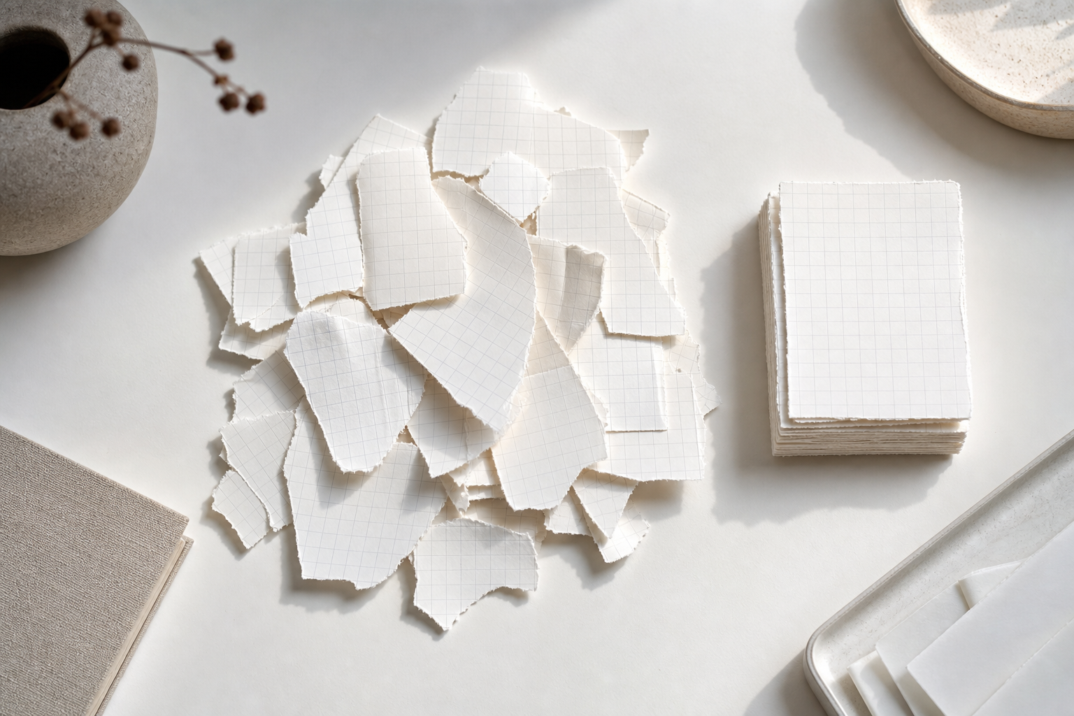 A conceptual editorial image showing fragmented document pages being organized into neat, structured stacks under soft studio lighting.