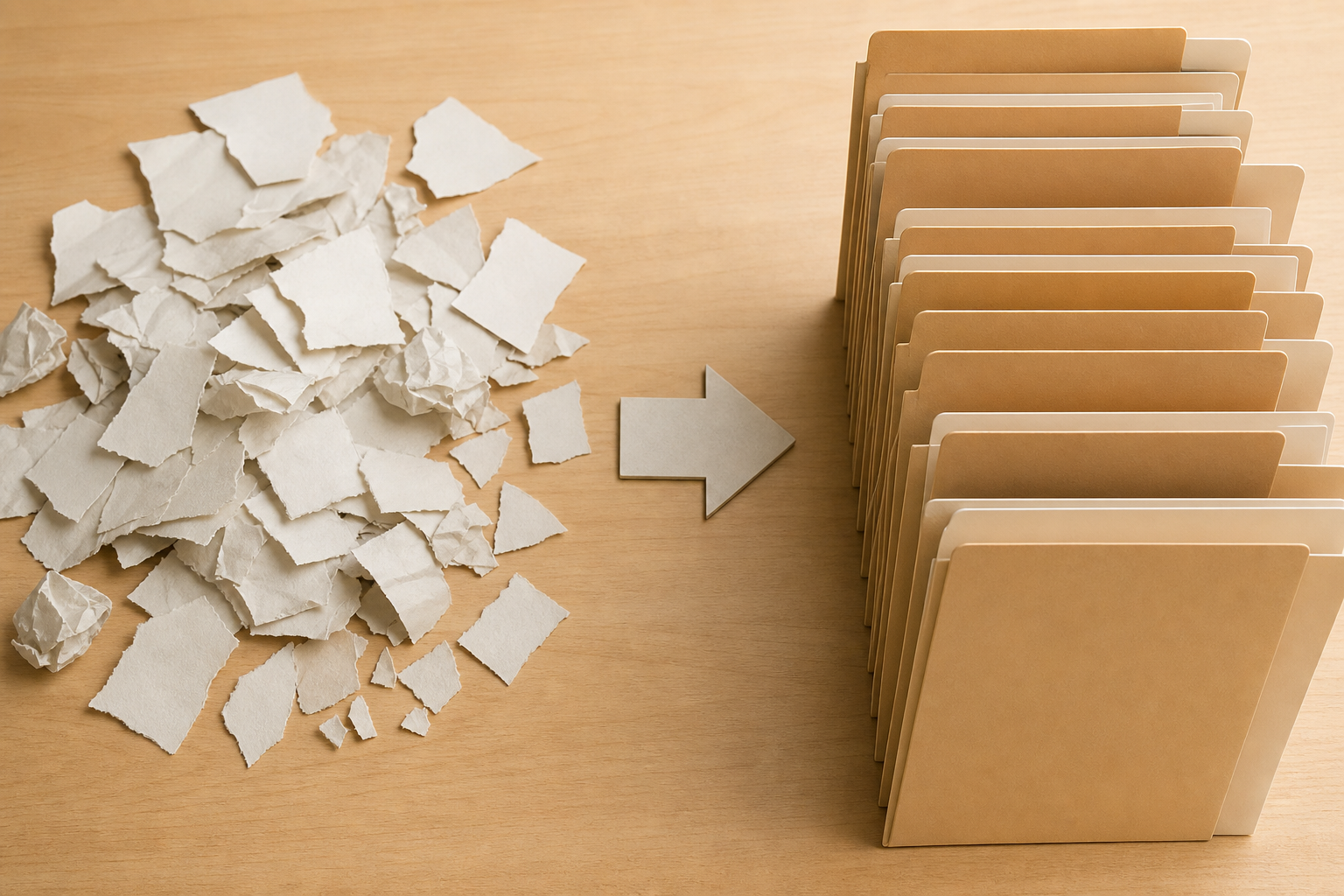 Editorial still life of scattered torn paper fragments next to neatly organized document folders on a desk