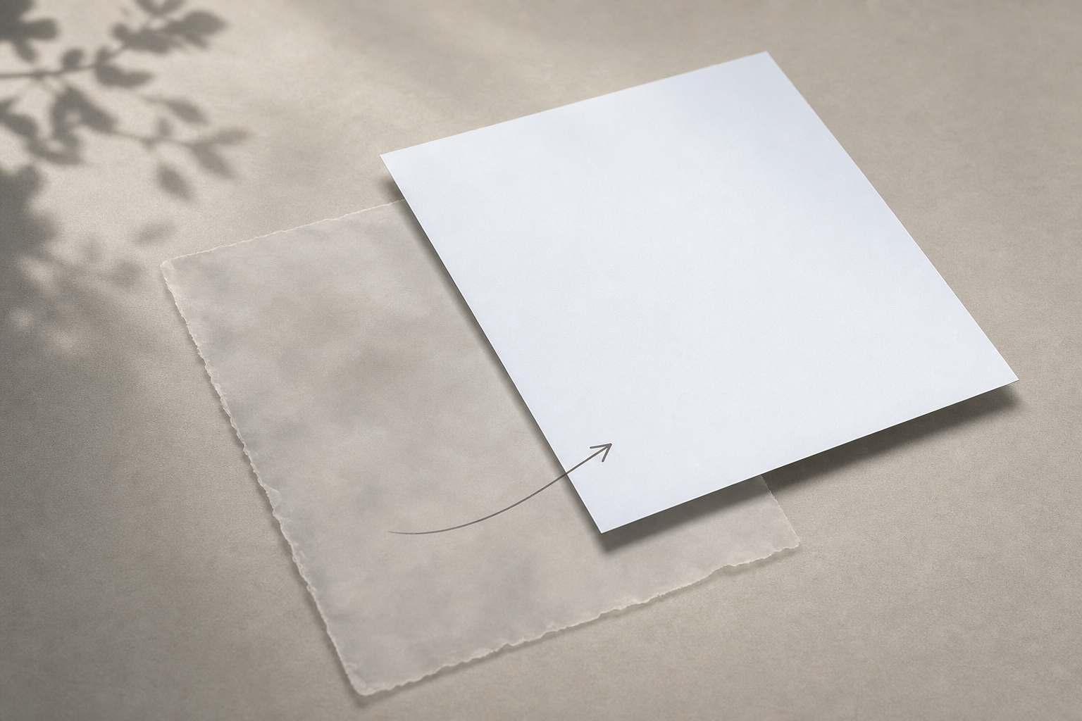 Two layered documents, one faded and one crisp, linked by a thin connector line, on a neutral studio backdrop.