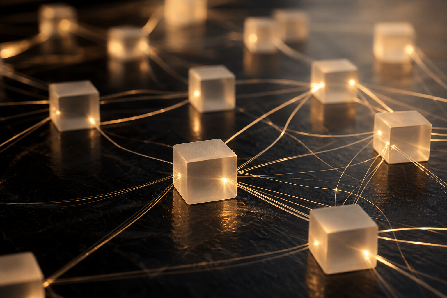 A conceptual editorial photo of frosted glass cubes connected by glowing golden threads on a dark surface.