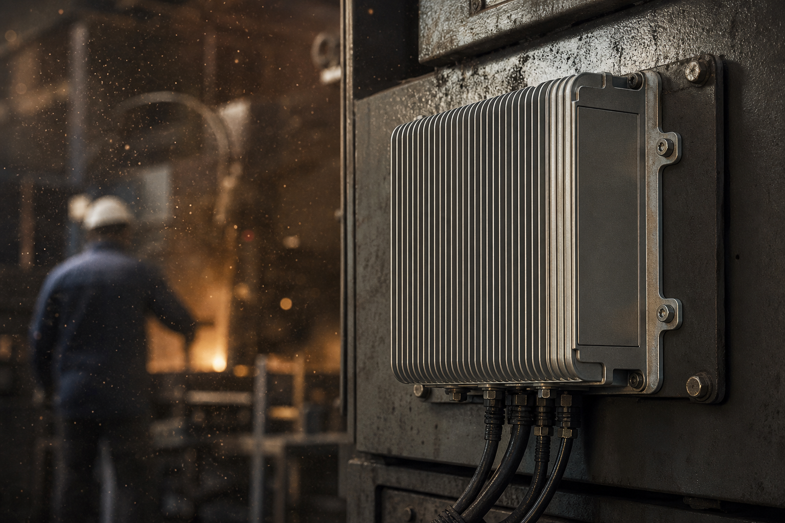A rugged fanless industrial computing node mounted on a heavy steel production line.