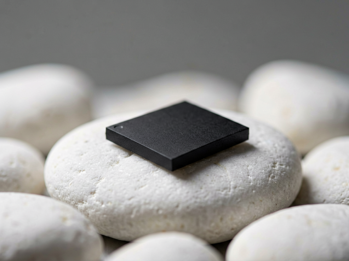 A minimalist close-up of a sleek, matte-finish microchip module resting on a bed of smooth white stones, illuminated by soft natural light to emphasize precisio