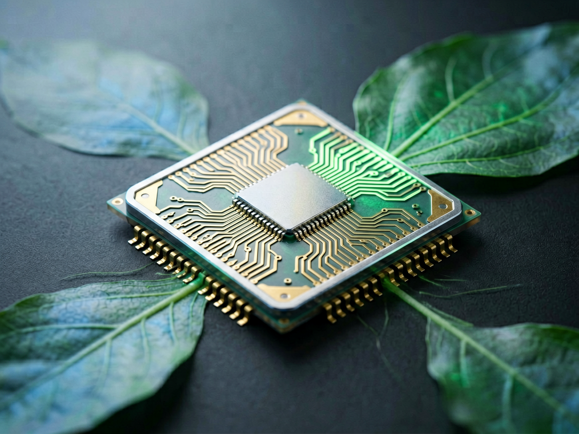 A sleek, minimalist microchip design integrated with organic leaf-like circuit traces, symbolizing efficient, eco-friendly computing power.